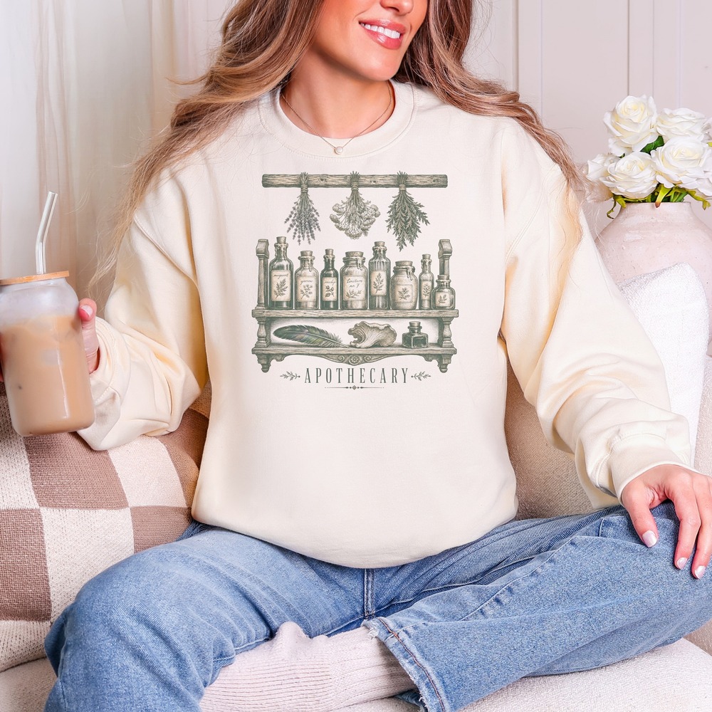 Apothecary Shelf with Herb Bundles and Tincture Bottles Sweatshirt